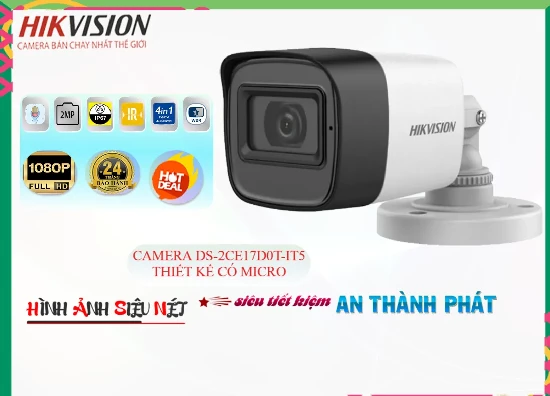  DS-2CE17D0T-IT5 Camera Hikvision Có Micro là dòng camera chất lượng thiết kế dạng thân kim loại chắc chắn độ phân giải FULL HD 1080P hồng ngoại 80m phù hợp cho nhà xưởng kho hàng